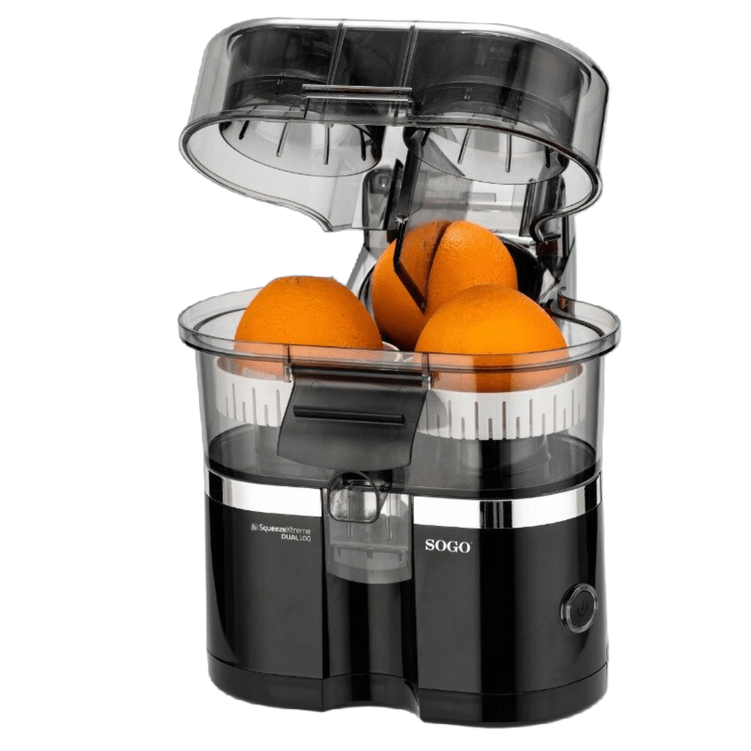 Spremiagrumi Elettrico Doppio Automatico 100W con Taglia Arance Integrato, Succo Senza Polpa, Parti Lavabili in Lavastoviglie