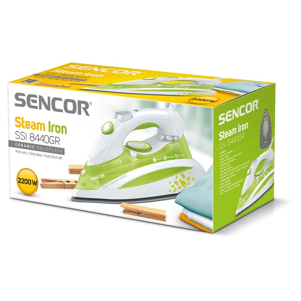 Ferro da Stiro a Vapore 2200 W con Piastra in Ceramica Anticalcare Sencor Verde Bianco