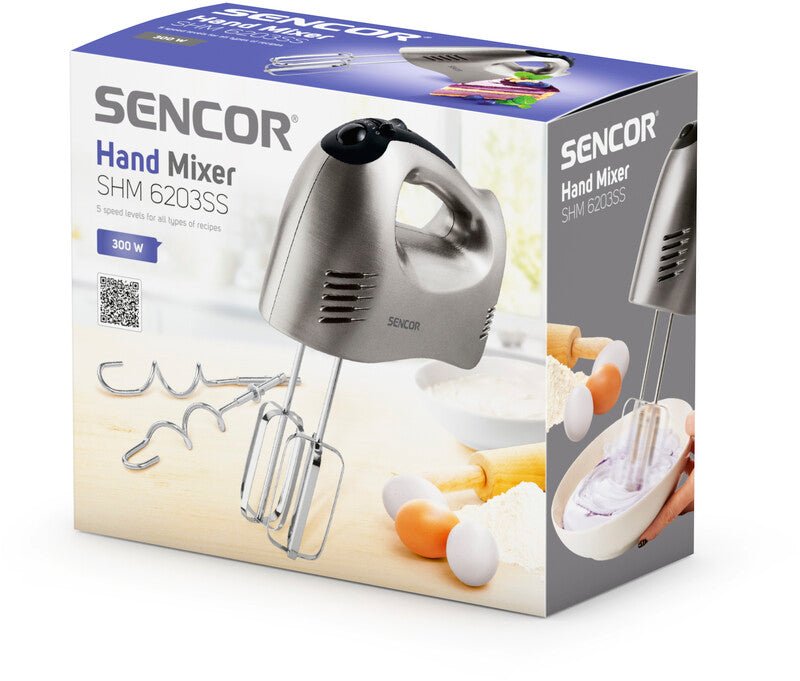 Sbattitore Elettrico 300 W 5 Velocità con Turbo, Fruste e Ganci Impasto Sencor