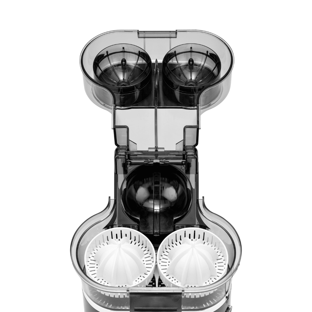 Spremiagrumi Elettrico Doppio Automatico 100W con Taglia Arance Integrato, Succo Senza Polpa, Parti Lavabili in Lavastoviglie