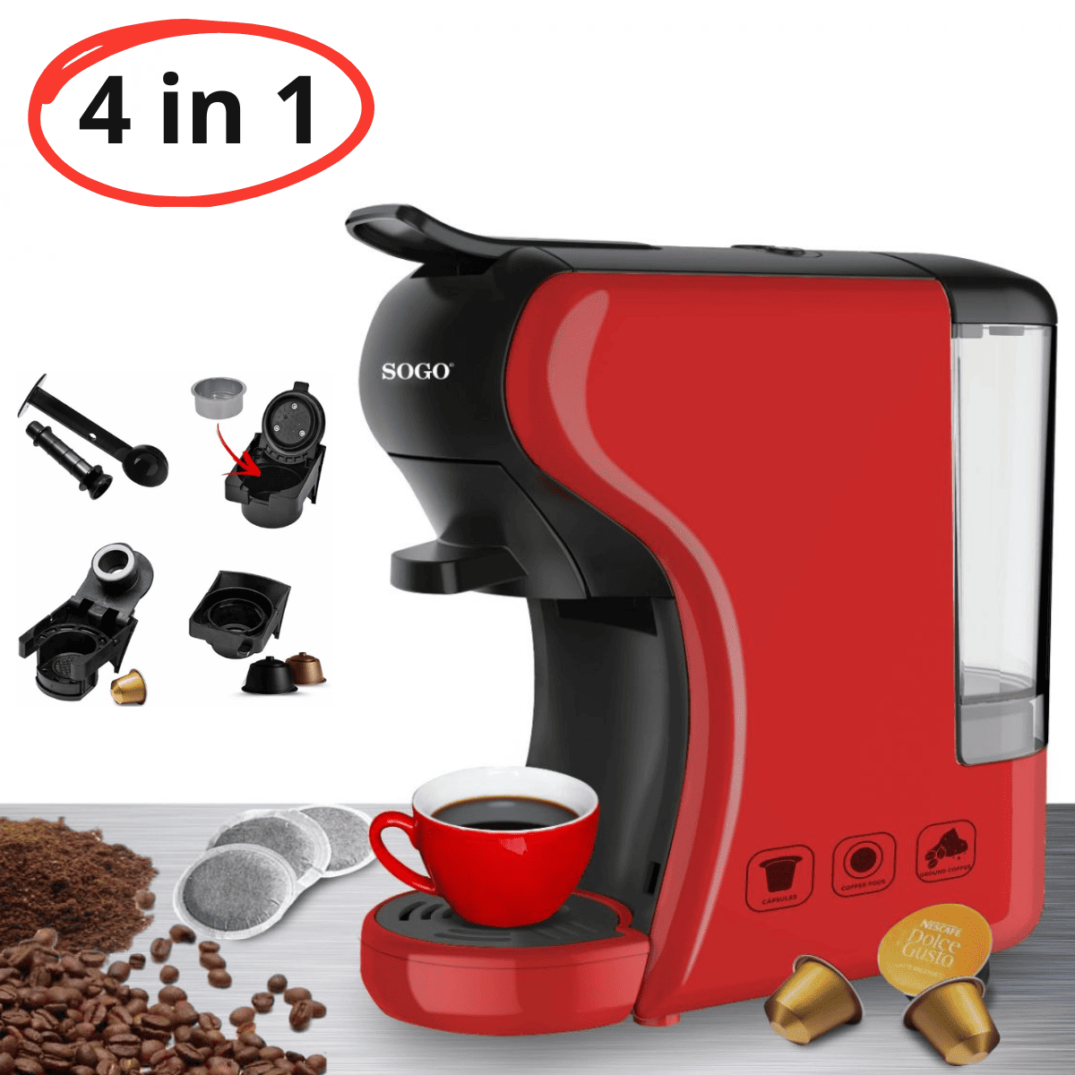 PROMO Macchina per Caffè Espresso SOGO 4 in 1 compatibile con Nespresso/Dolce Gusto/Espresso + trattamento decalcificante incluso