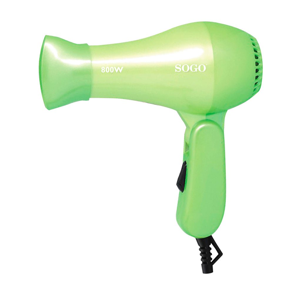 Asciugacapelli da viaggio pieghevole verde 800W con 2 velocità 2 temperature e concentratore Sogo