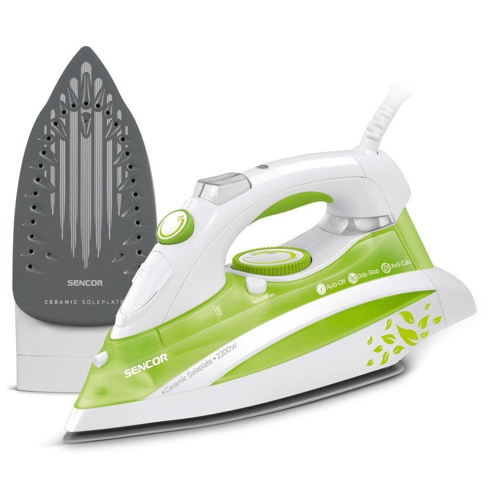 Ferro da Stiro a Vapore 2200 W con Piastra in Ceramica Anticalcare Sencor Verde Bianco