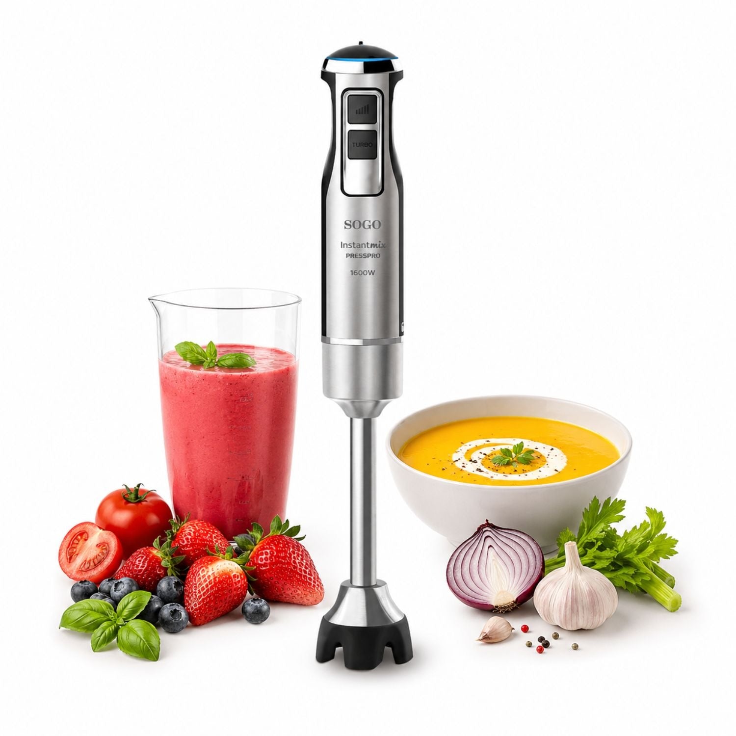 Frullatore a immersione 1000W con asta inox velocità variabile lame in titanio e bicchiere 600 ml Sogo