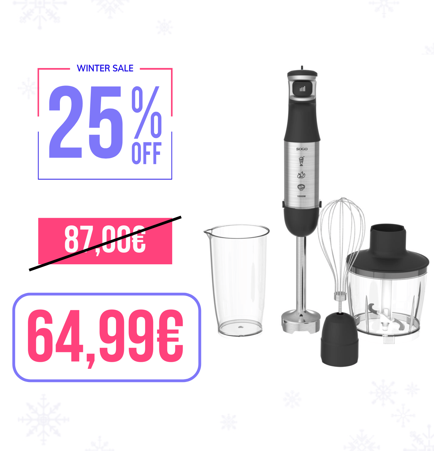 Frullatore a Mano in Acciaio Inox con 3 Accessori