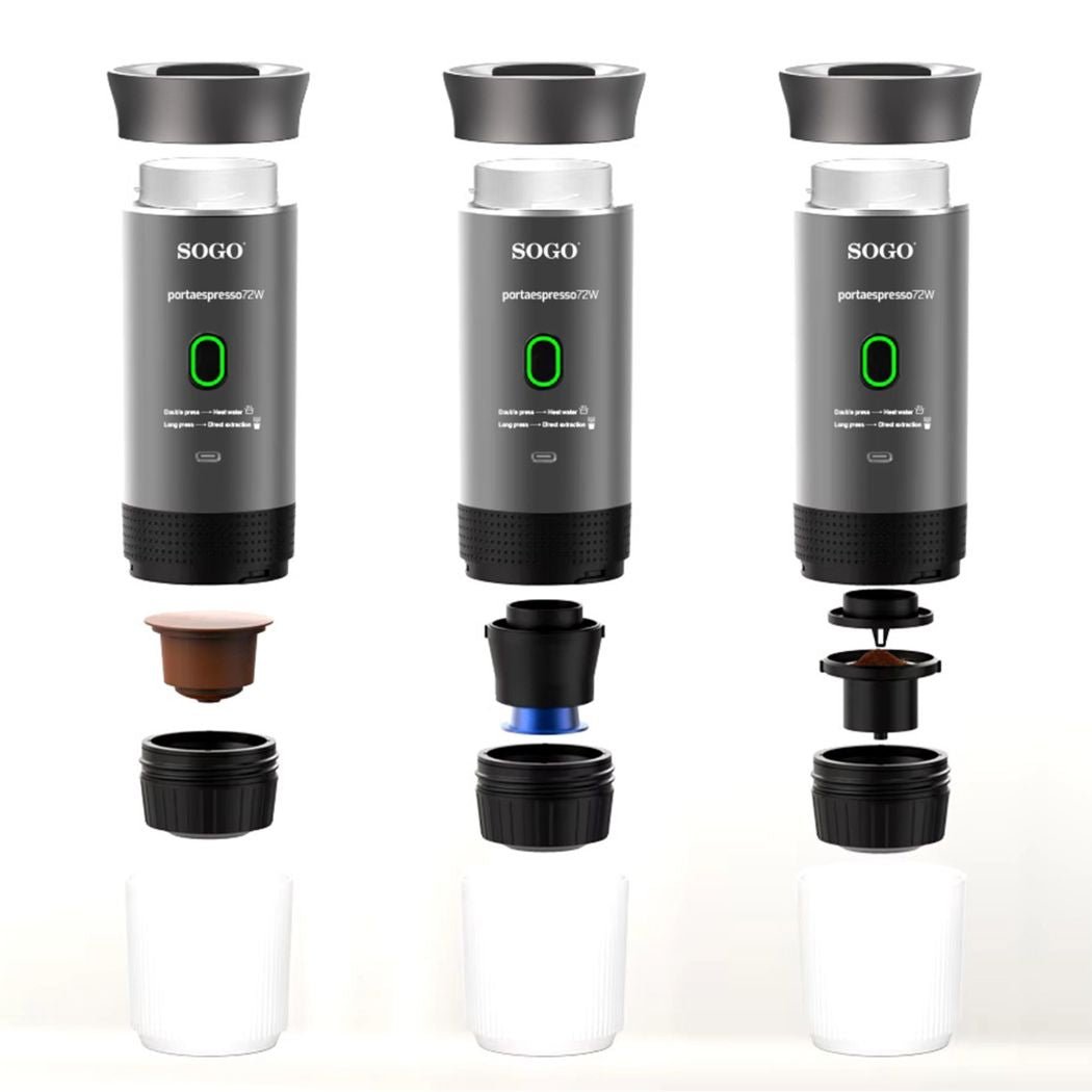 Macchina Caffè Portatile Ricaricabile 4 in 1- 20 Bar- Compatibile Capsule e Caffè Macinato, Estr. Calda/Fredda, Batteria 7500mAh, USB-C per Viaggio e Auto
