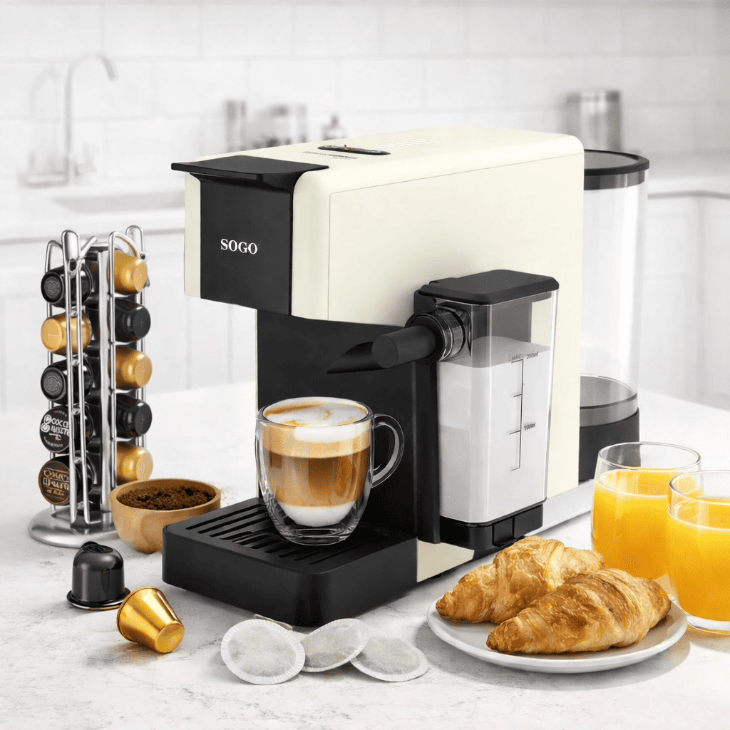 Macchina Caffè Multicapsula 4 in 1 SOGO Espresso LatteBrew 1400 – 20 Bar con Cappuccinatore, Capsule Nespresso® e Dolce Gusto®, Cialde, Caffè Macinato
