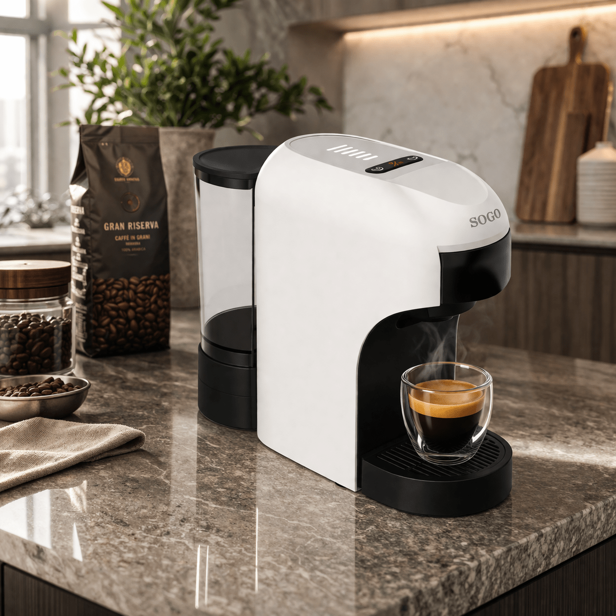 Macchina Caffè Espresso SOGO 4 in 1: Sistema Multi-Bevanda (Capsule, Cialde e Macinato)