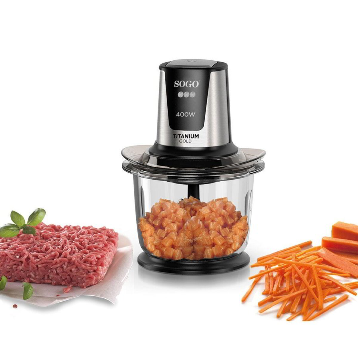 Tritatutto elettrico 1,5 L 400W con ciotola in vetro 4 lame in titanio e funzione tritaghiaccio Sogo
