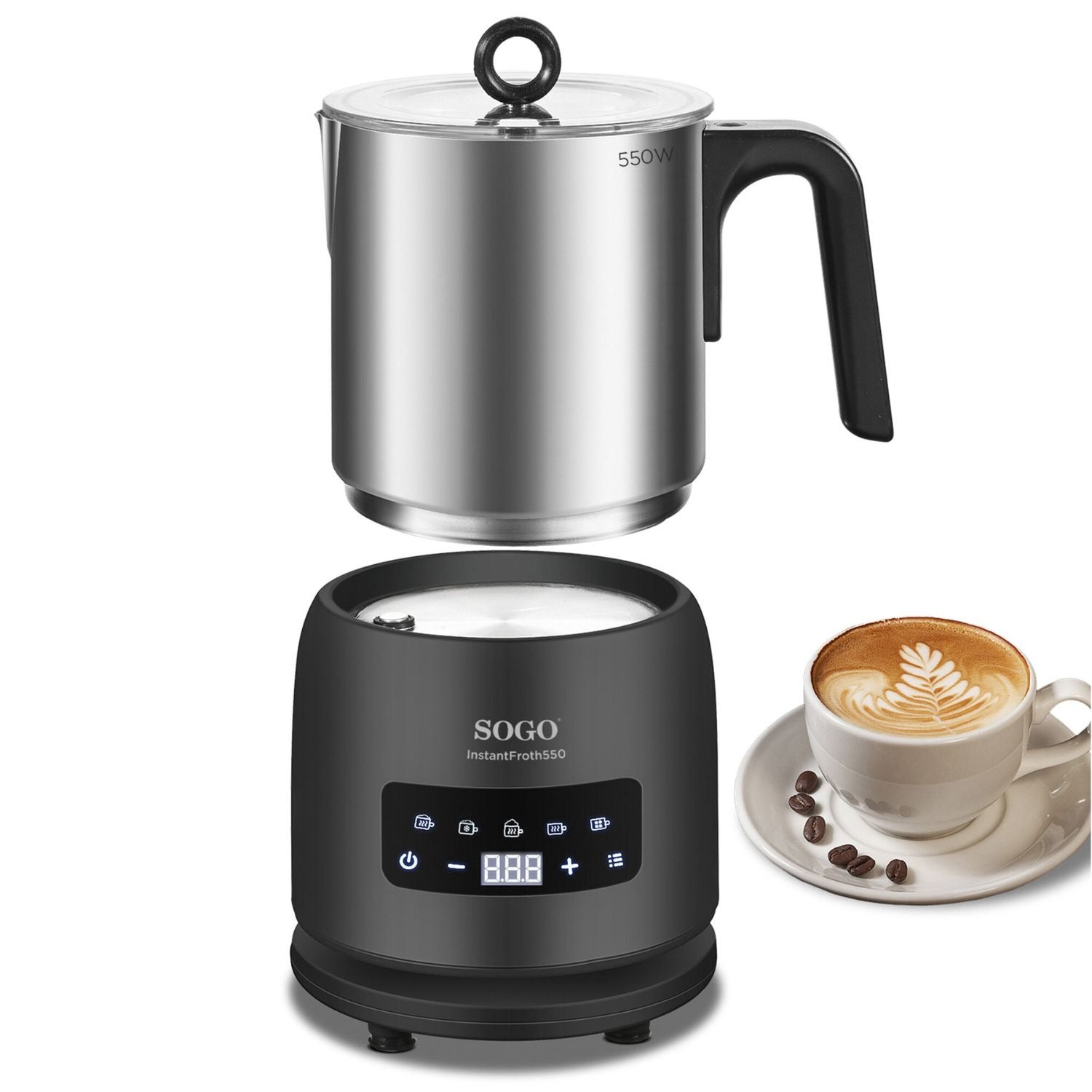 Montalatte elettrico e scaldalatte 5 in 1 550W con display touch caraffa inox e temperatura regolabile Sogo