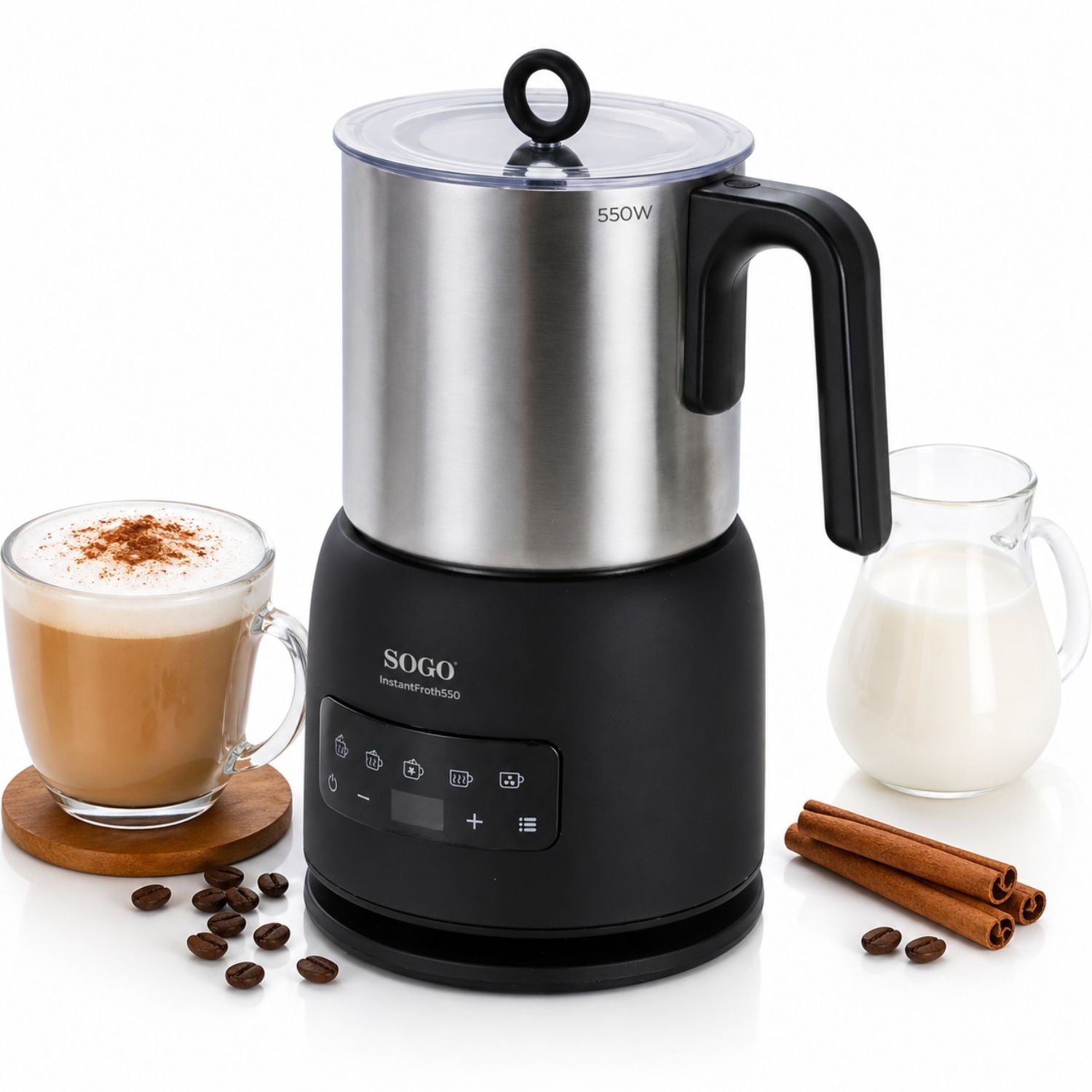 Montalatte elettrico e scaldalatte 5 in 1 550W con display touch caraffa inox e temperatura regolabile Sogo