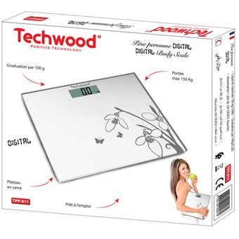 Techwood Bilancia Pesapersone Digitale 150 kg – Vetro Temperato Bianca, Accensione Touch, TPP-811