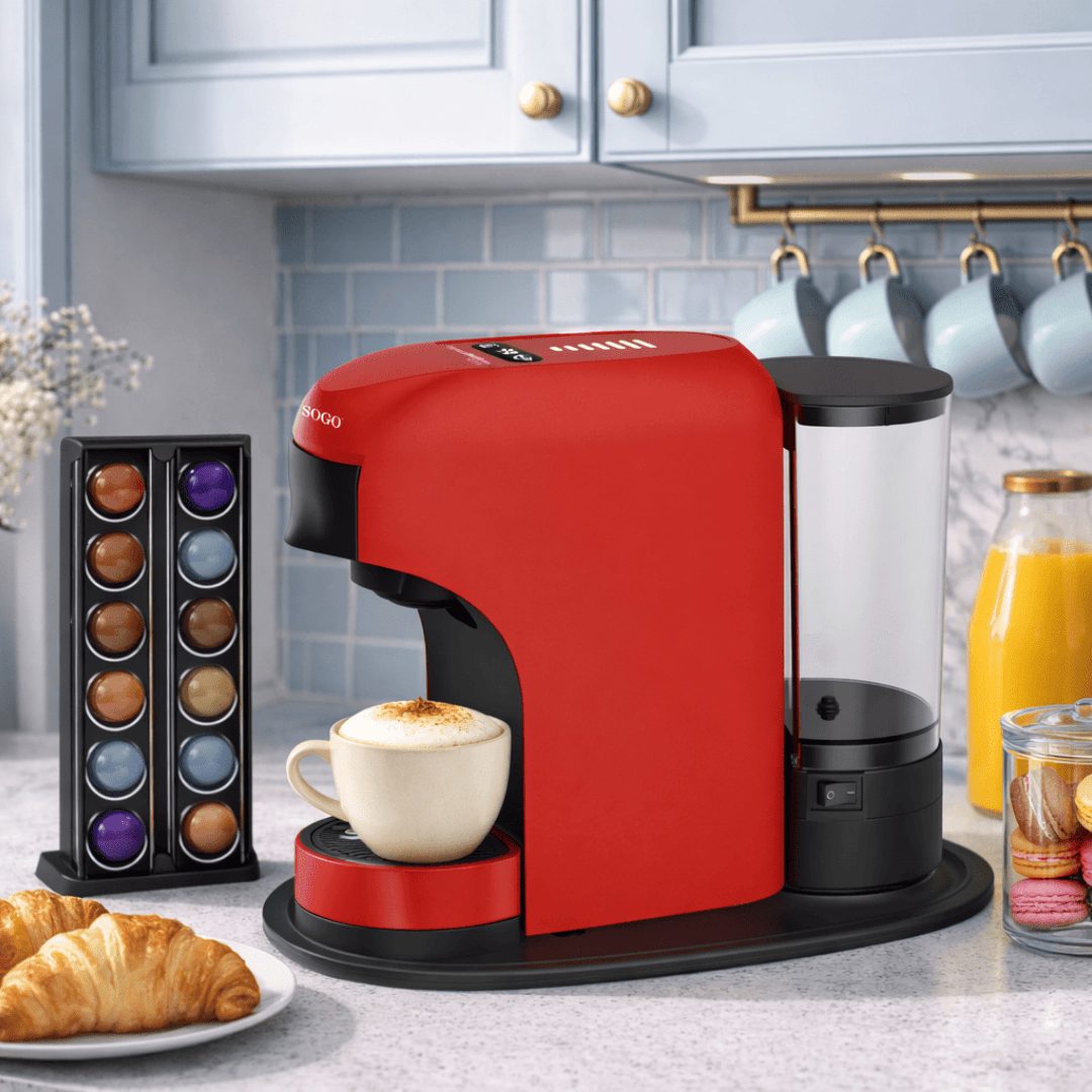 Macchina da Caffè 4 in 1 SOGO Rossa, 20 Bar, per Capsule, Cialde e Caffè Macinato