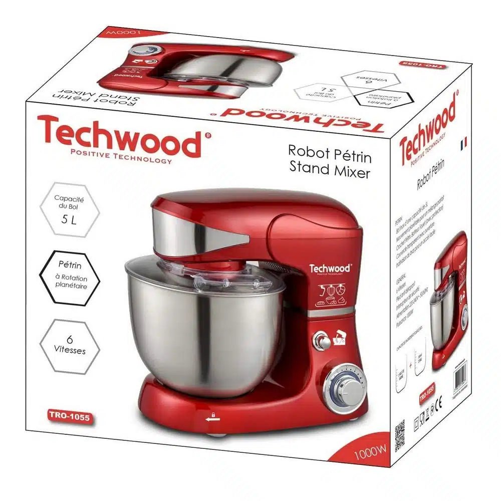 Impastatrice Planetaria 1000W con Ciotola Inox 5 Litri 6 Velocità e Frusta TECHWOOD