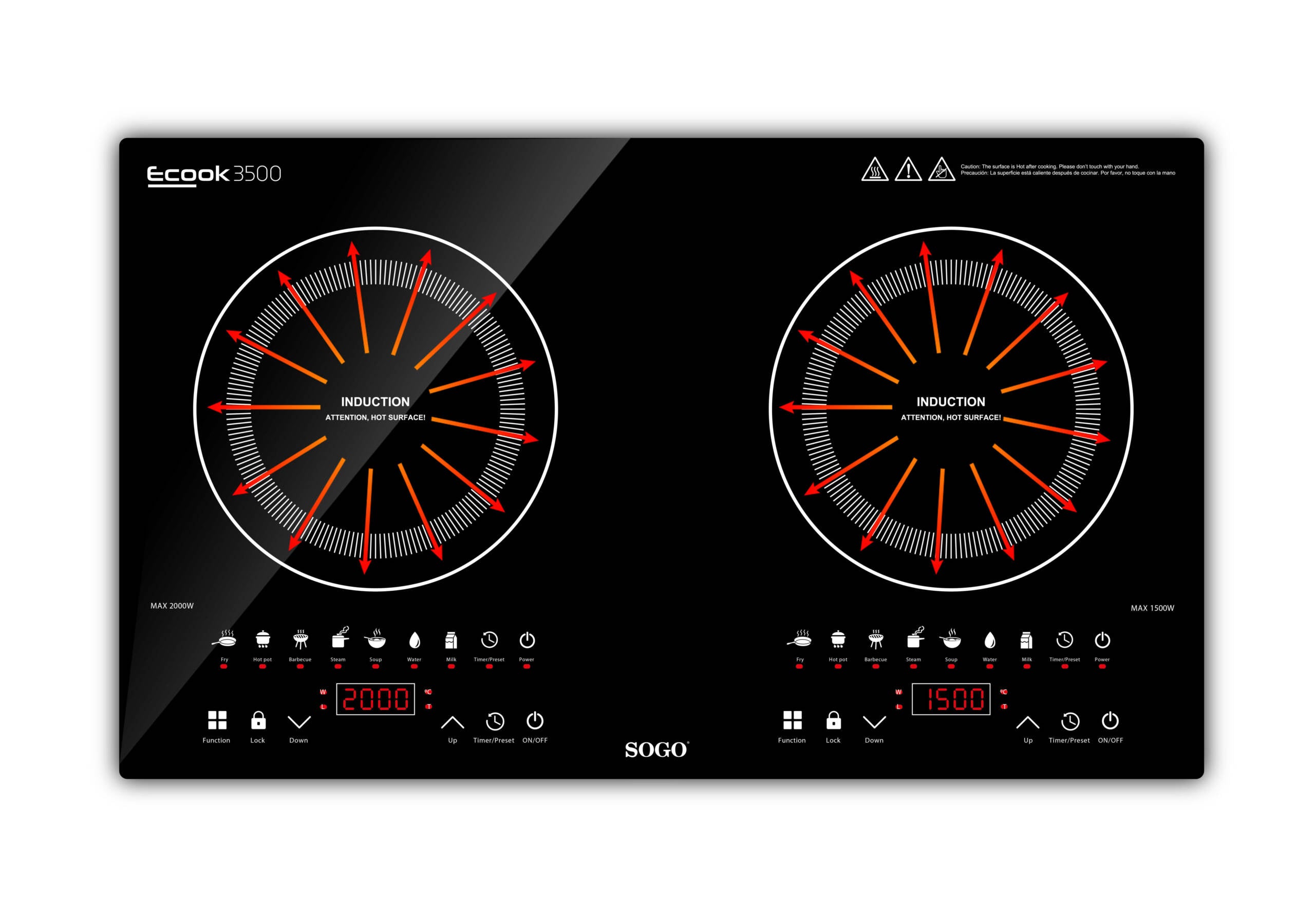 Piastra a induzione doppia 3500W con controllo touch display LED 10 livelli 7 programmi e timer 240 minuti Sogo