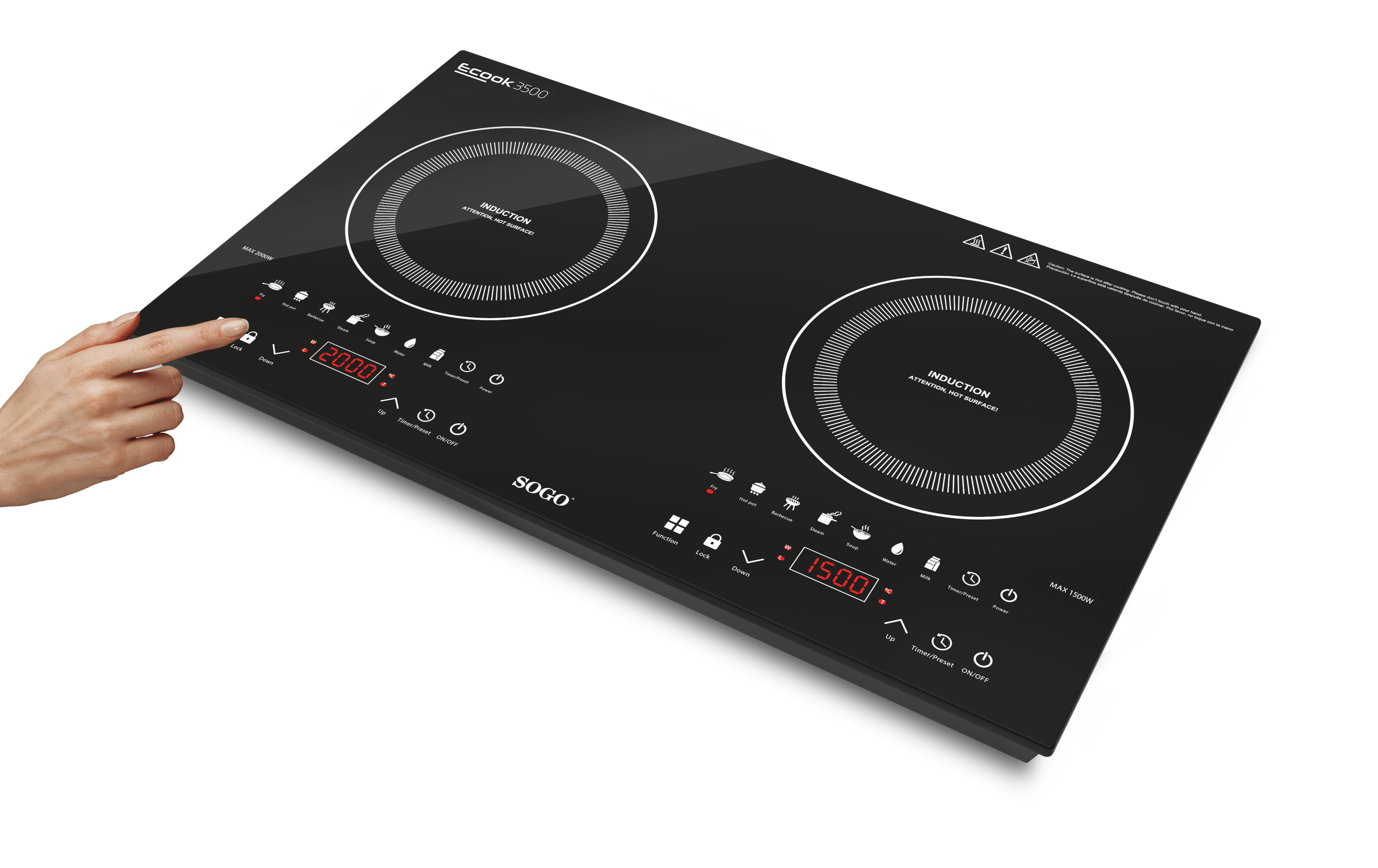 Piastra a induzione doppia 3500W con controllo touch display LED 10 livelli 7 programmi e timer 240 minuti Sogo