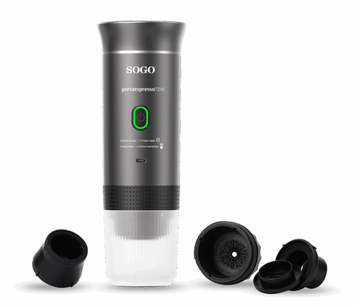 Macchina Caffè Portatile Ricaricabile 4 in 1 20 Bar Compatibile Capsule e Caffè Macinato, Estr. Calda/Fredda, Batteria 7500mAh, USB-C per Viaggio e Auto