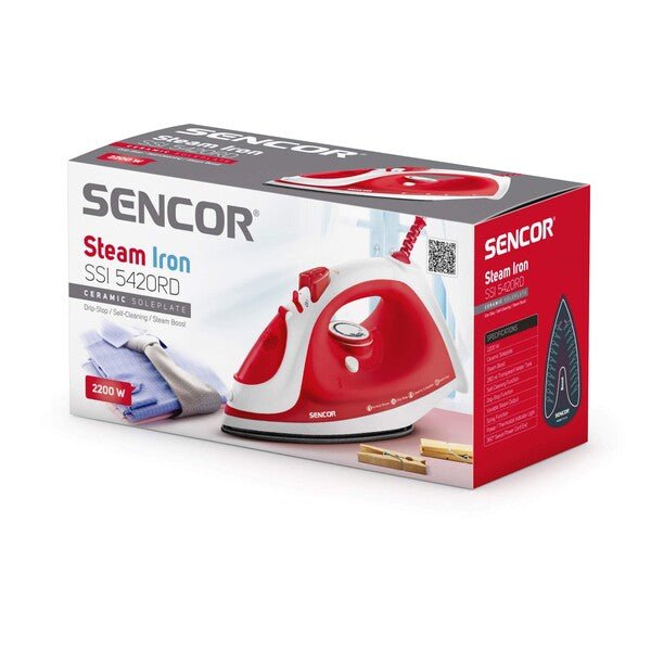 Ferro da Stiro a Vapore 2200 W con Piastra in Ceramica Autopulente Sencor Rosso Bianco