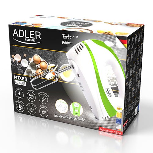 Sbattitore Elettrico 300W 5 Velocità con Turbo, Fruste e Ganci Impastatori Adler