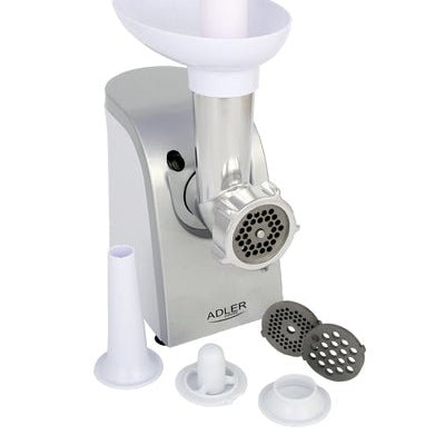 Tritacarne Elettrico 1500W con Funzione Inversa, 3 Dischi e Accessorio per Salsicce Adler