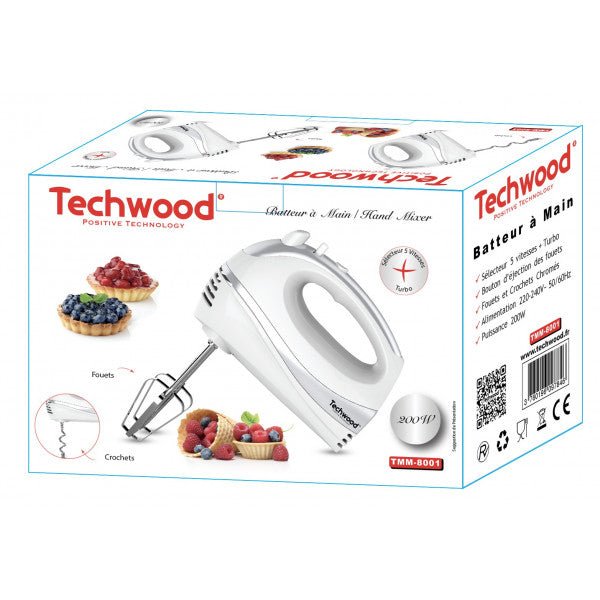 Sbattitore Elettrico 200W 5 Velocità con Turbo, Fruste e Ganci Impastatori TECHWOOD
