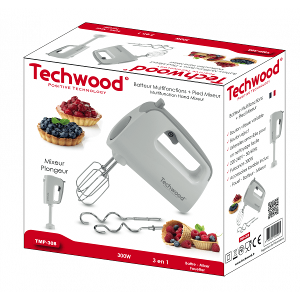 Sbattitore con Supporto 300W 3 in 1 con Fruste, Ganci e Piede Frullatore TECHWOOD