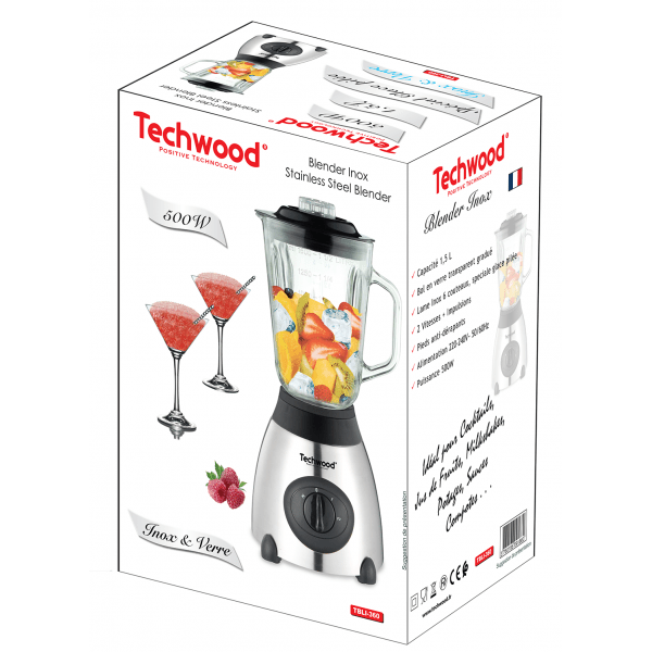 Techwood Frullatore Inox 500W – Caraffa in Vetro 1,5L, 2 Velocità, Pulse, Tritaghiaccio, Bianco