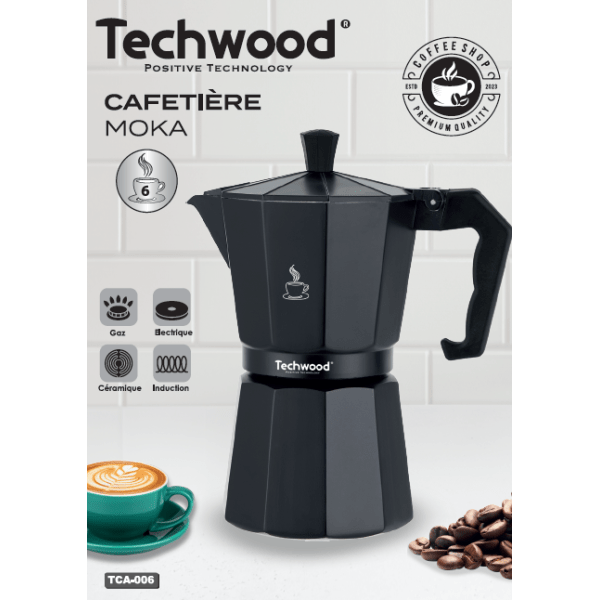 Techwood Caffettiera Moka in Alluminio Nera 6 Tazze – Per Induzione e Tutti i Piani Cottura