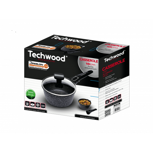 Techwood Casseruola Antiaderente Effetto Pietra 18 cm con Coperchio in Vetro e Manico Removibile – Induzione