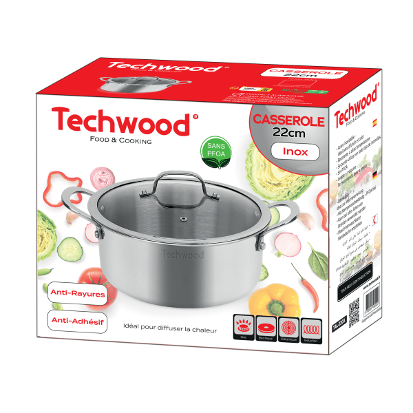 Techwood Casseruola Antiaderente 22 cm in Acciaio Inox – Per Induzione, PFOA Free