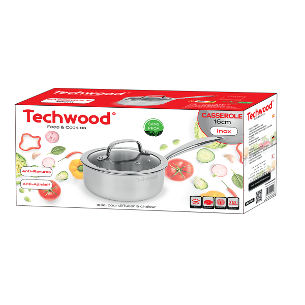 Techwood Casseruola Antiaderente 16 cm in Acciaio Inox – Per Induzione, PFOA Free