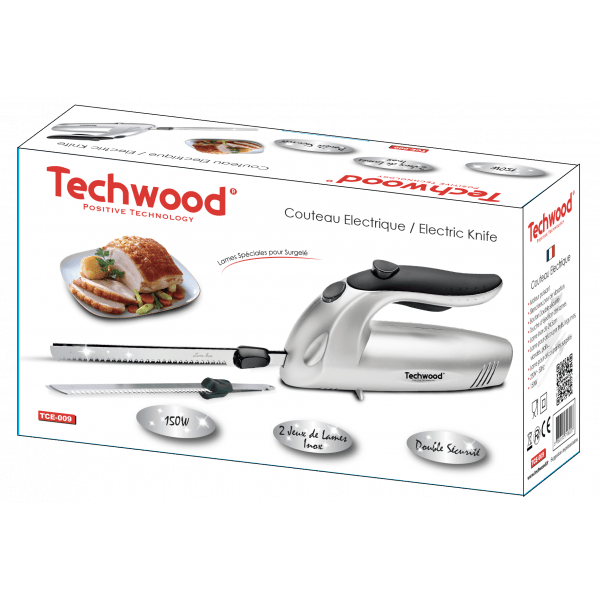 Techwood Coltello Elettrico 150W – 2 Lame Inox 24,5 cm, Doppio Pulsante di Sicurezza, Per Carne e Pane