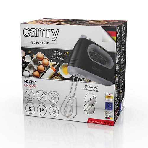 Sbattitore Elettrico 750W 5 Velocità con Turbo, Fruste e Ganci in Acciaio Inox Camry