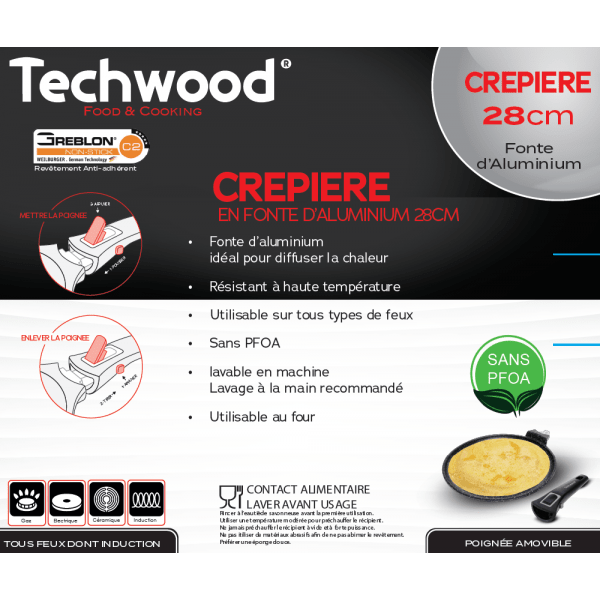 Techwood Crepiera Antiaderente Effetto Pietra 28 cm con Manico Removibile – Per Induzione