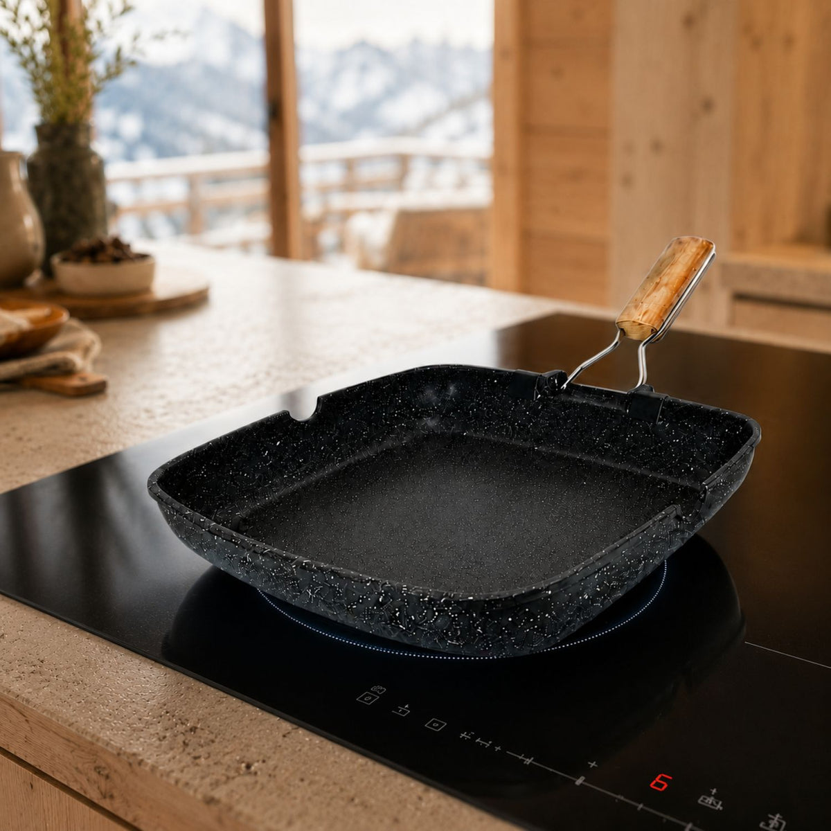 Bistecchiera grill quadrata 28x28 cm con manico pieghevole effetto legno - BBQ GMD