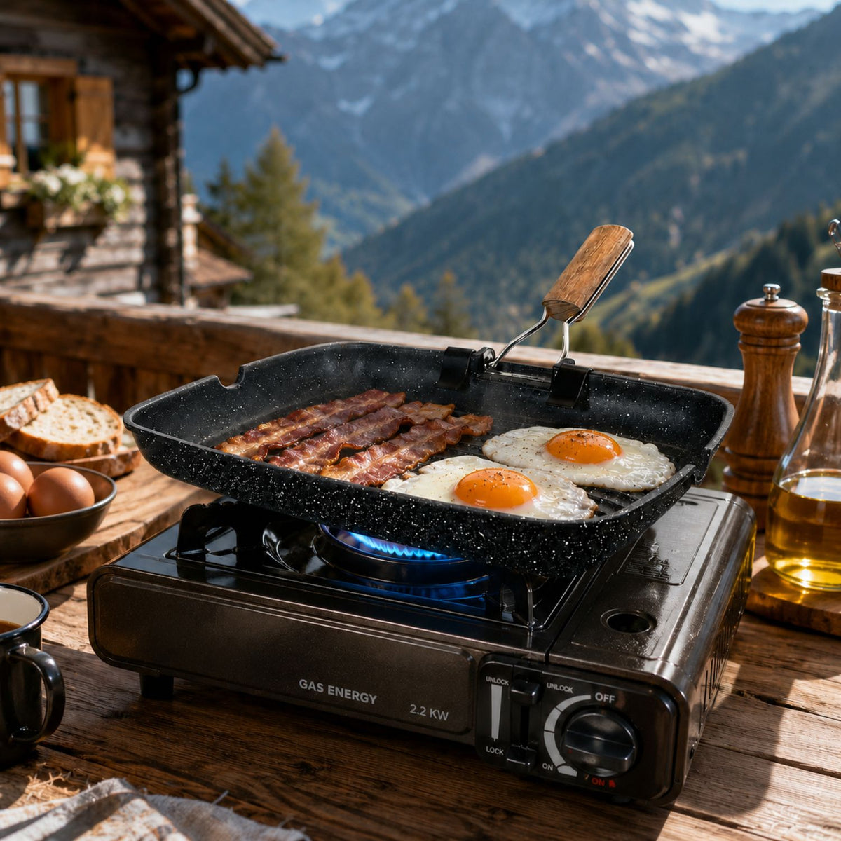 Bistecchiera grill rettangolare 36x24 cm con manico pieghevole effetto legno - BBQ GMD