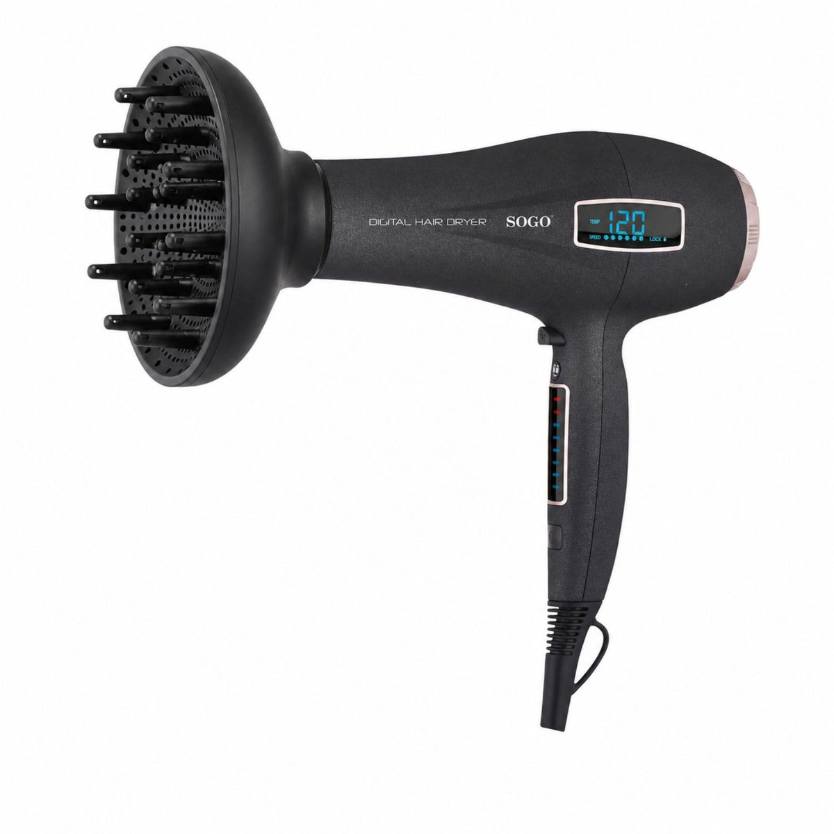 Asciugacapelli digitale 2200W con schermo LED 6 velocità 8 temperature aria fredda concentratore e diffusore Sogo