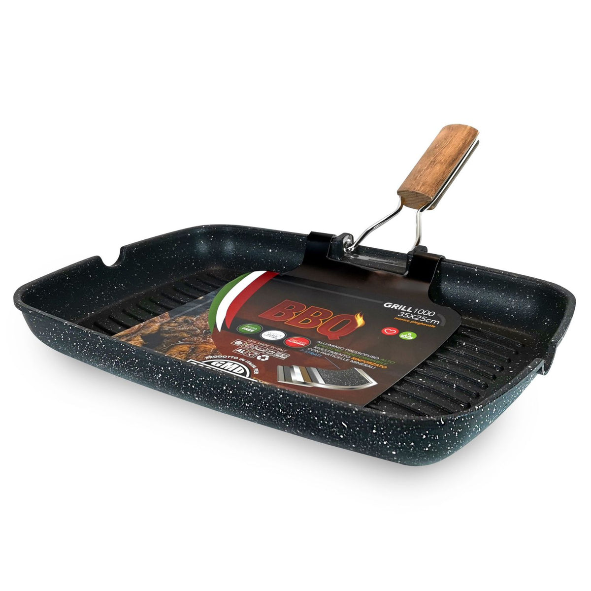 Bistecchiera grill rettangolare 36x24 cm con manico pieghevole effetto legno - BBQ GMD