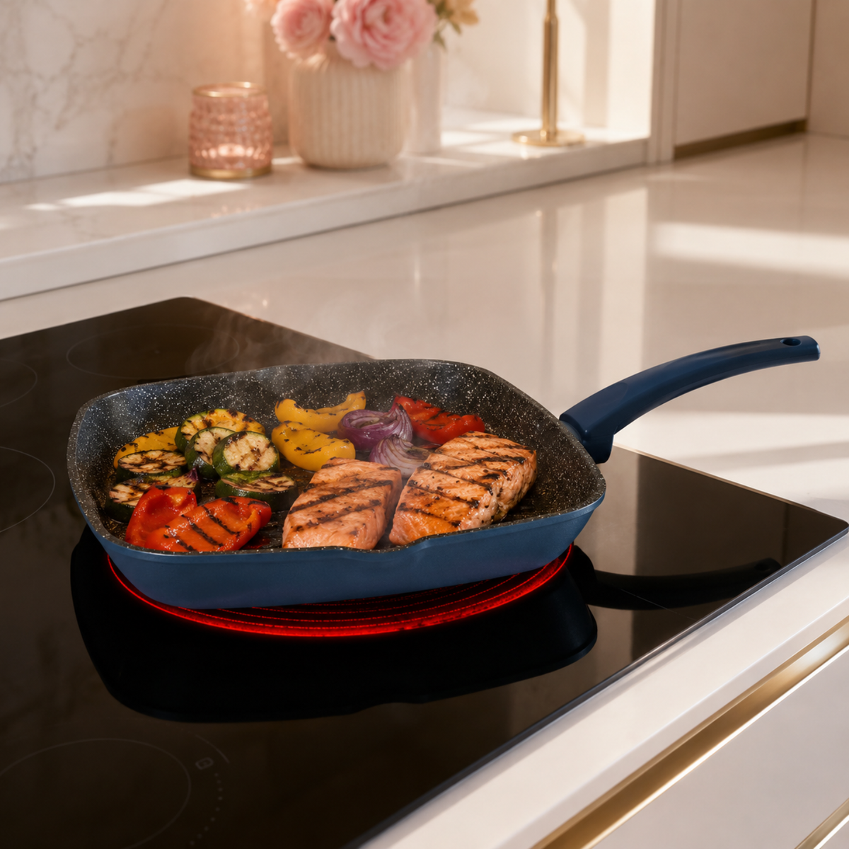 Bistecchiera grill antiaderente 28x28 cm in alluminio forgiato effetto pietra - Gaia Deluxe GMD