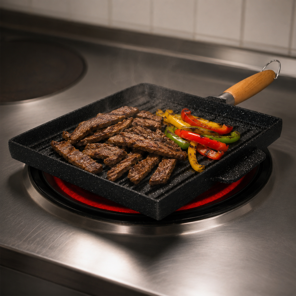 Bistecchiera grill a 2 facce 25x25 cm con manico removibile effetto legno - BBQ GMD