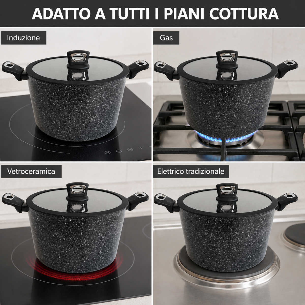 Pentola antiaderente 28 cm con coperchio in vetro e bordo silicone - Pietra Lavica GMD