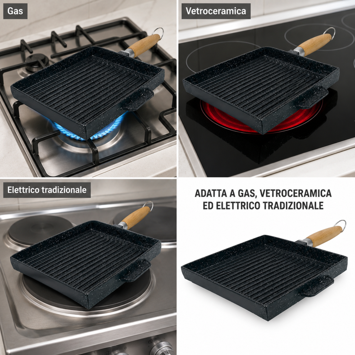 Bistecchiera grill a 2 facce 25x25 cm con manico removibile effetto legno - BBQ GMD