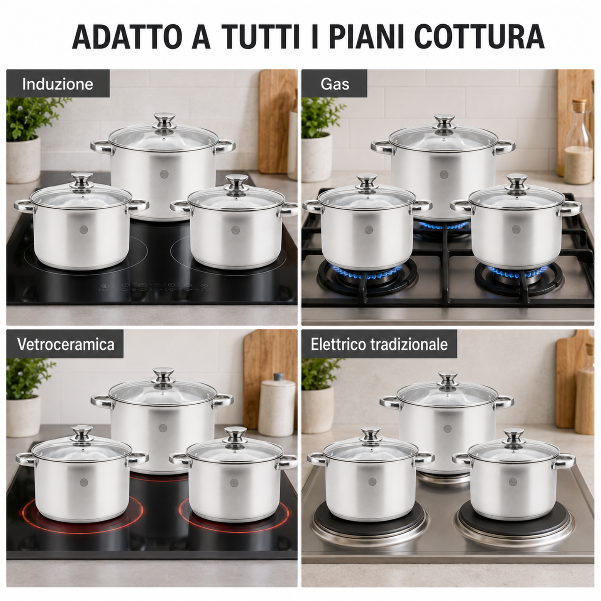 Set casseruole con coperchio in acciaio inox 18/10 - Divinox GMD