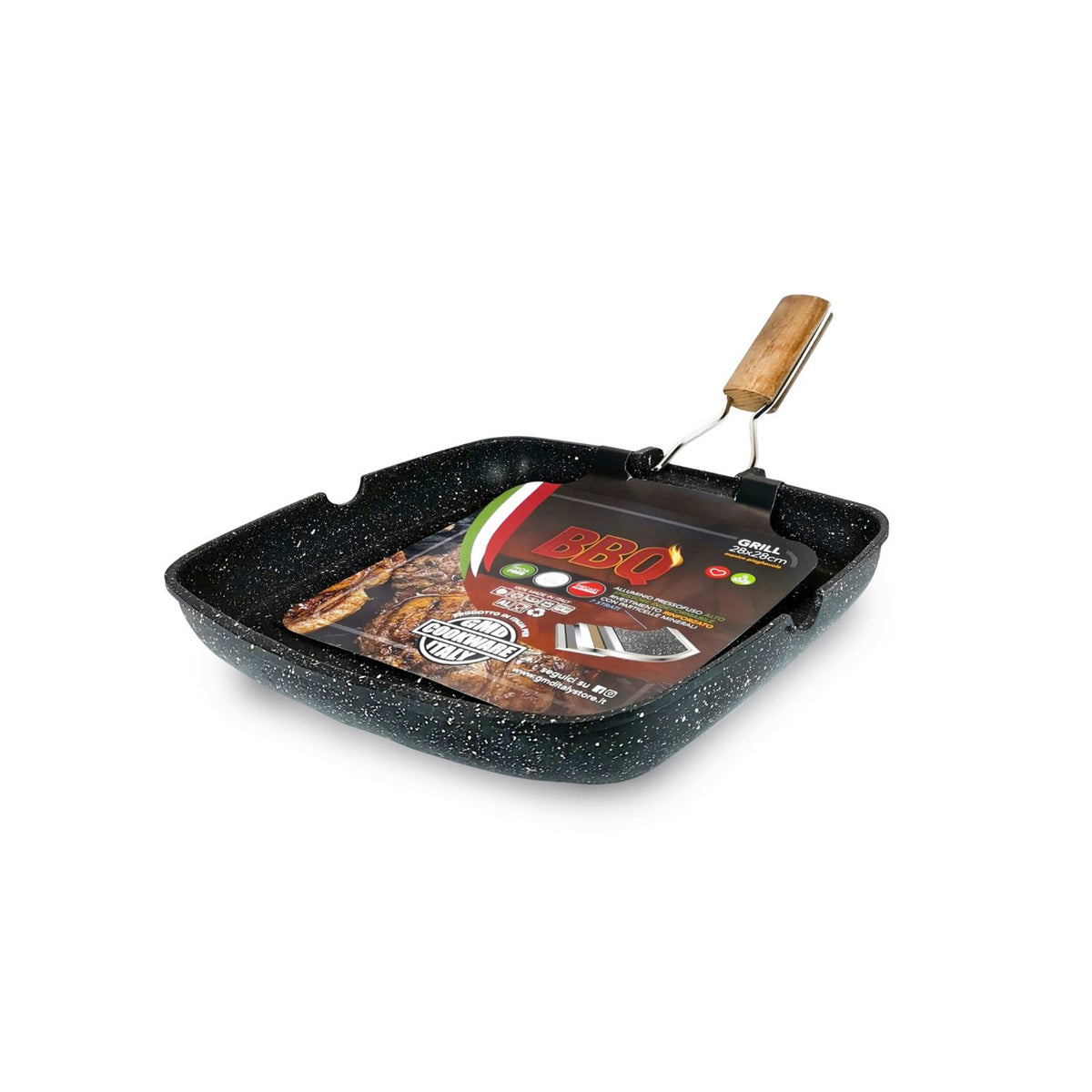 Bistecchiera grill quadrata 24x24 cm con manico pieghevole effetto legno - BBQ GMD