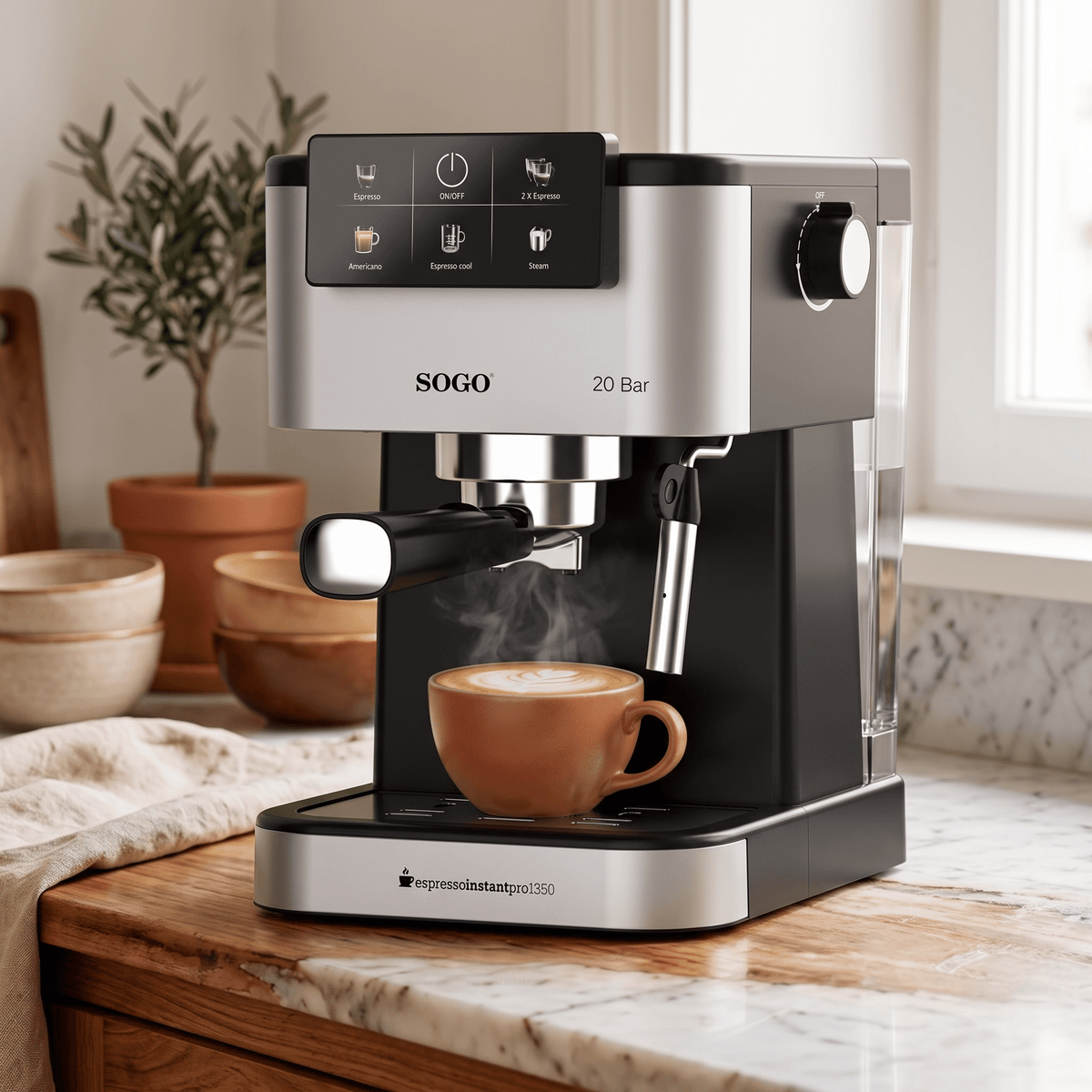 Macchina caffè espresso 20 bar SOGO in cucina, luce naturale