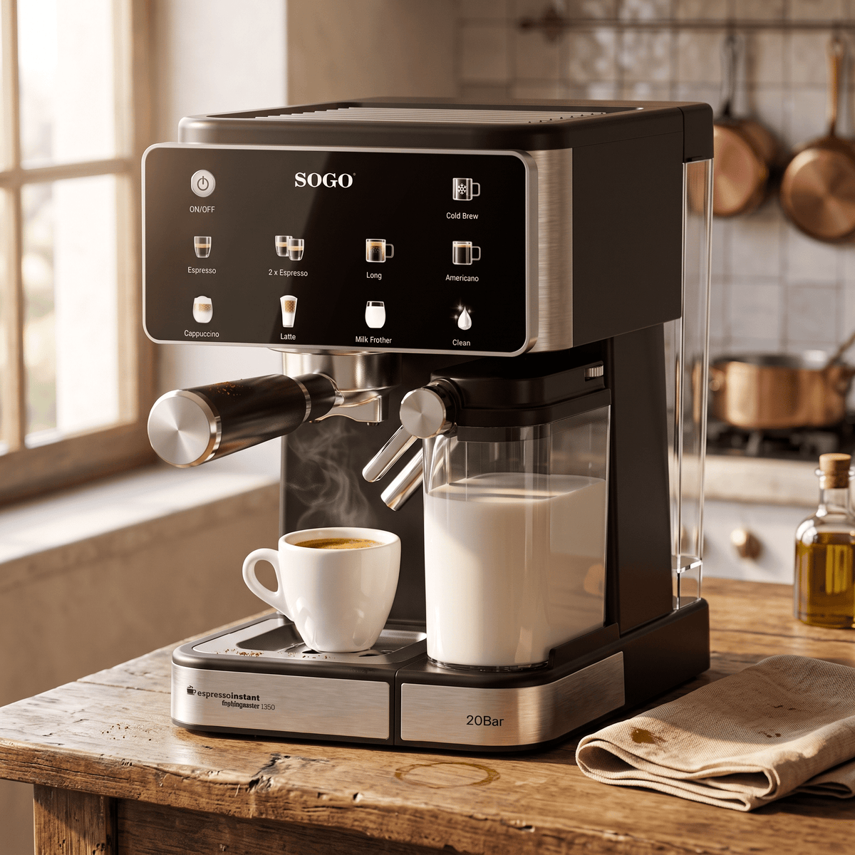 Macchina caffè espresso 4 in 1 SOGO in una cucina di casa, luce naturale