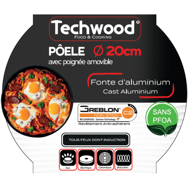Techwood Padella Antiaderente Effetto Pietra 20 cm con Manico Removibile – Per Induzione, PFOA Free