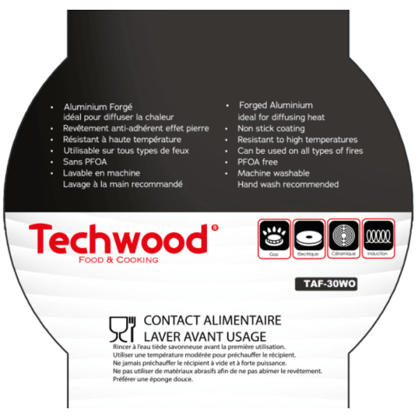Techwood Wok 30 cm in Alluminio Forgiato Antiaderente Effetto Pietra – Per Induzione, TAF-30WO