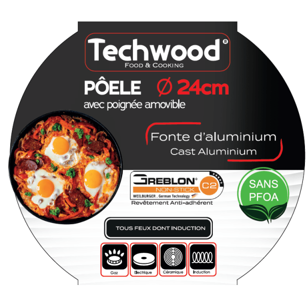 Techwood Padella Antiaderente Effetto Pietra 24 cm con Manico Removibile – Per Induzione, PFOA Free