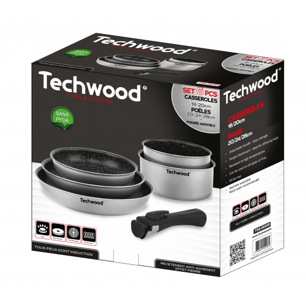 Techwood Set 10 Pezzi Pentole e Padelle Antiaderenti Effetto Pietra con Manico Removibile – Per Induzione